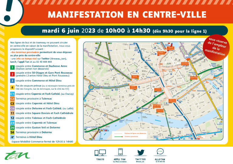 Plan des lignes TAN en centre-ville ce 6 juin, perturbé à cause de la manifestation à partir de 9H30 jusqu'à 17H30 | @reseau_tan