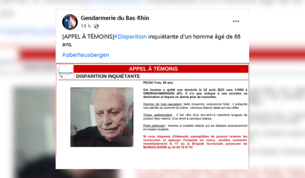 Disparition inquiétante d’une homme de 88 ans dans le Bas-Rhin | Capture d'écran du facebook de la gendarmerie du Bas-Rhin
