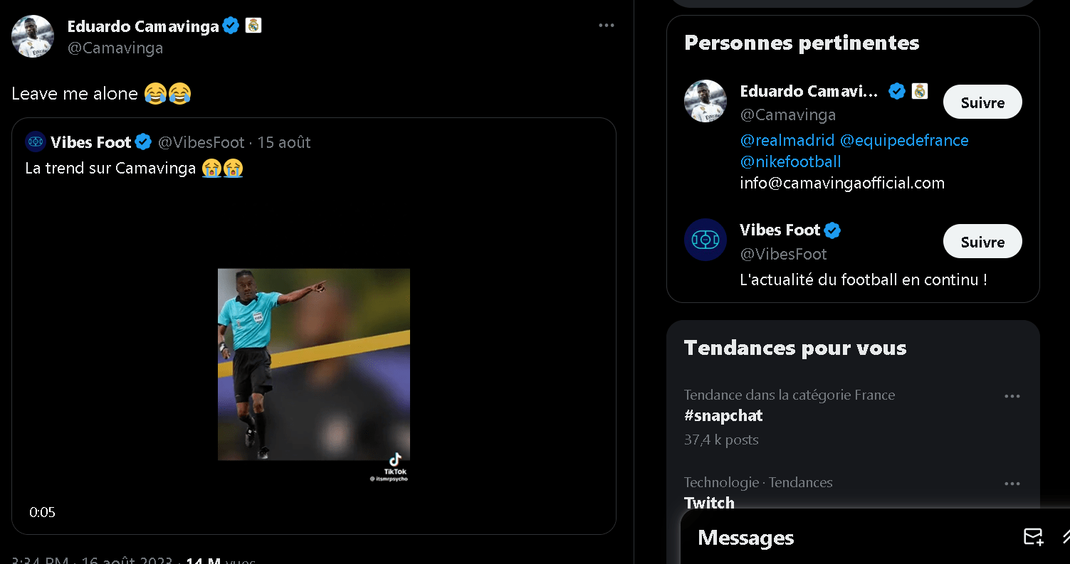 Capture d'écran du Tweet de Camavinga | @Camavinga