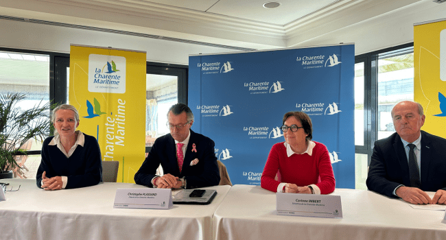 La présidente du département et les parlementaires réunies autour de cette question du budget. De gauche à droite, Sylvie Marcilly, Christophe Plassard, Corinne Imbert et Daniel Laurent | TL - INF la Rochelle