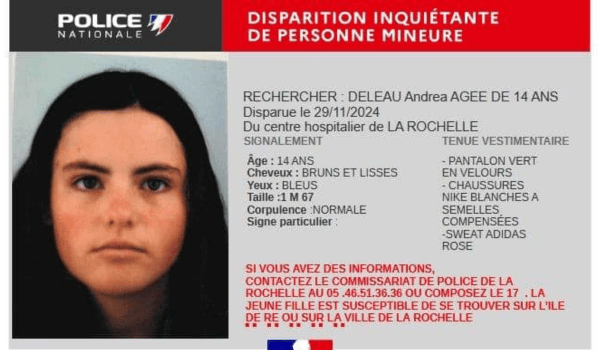 La police nationale de Charente-Maritime a publié un avis de recherche concernant la disparition d'une adolescente de 14 ans | Facebook Police de Charente-Maritime