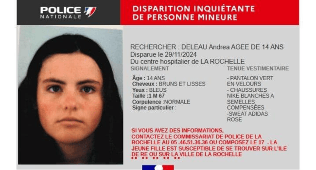 La police nationale de Charente-Maritime a publié un avis de recherche concernant la disparition d'une adolescente de 14 ans | Facebook Police de Charente-Maritime