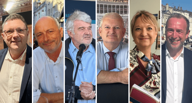 De gauche à droite, les candidats pressentis aux prochaines élections municipales : Pascal Daunit, Jean-Marc Soubeste, Jean-François Fountaine, Olivier Falorni, Maryline Simoné, Christophe Batcabe | DR/TL - INF la Rochelle