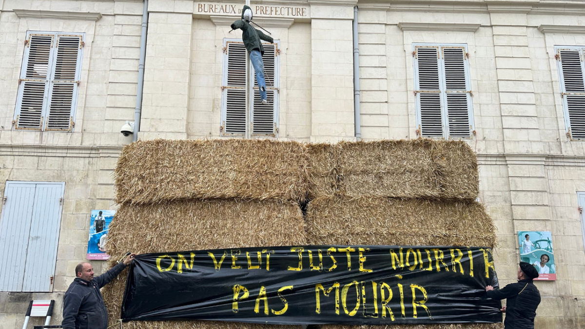 Les agriculteurs décrochent le drapeau de l’Europe à la préfecture pour y accrocher un mannequin | TL – INF La Rochelle