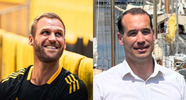 Gaëtan Clerc, le capitaine du Stade Rochelais Basket, et Thibaut Guiraud, maire de La Rochelle | Stade Rochelais / TL