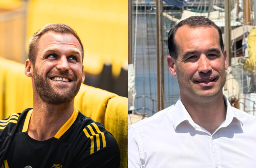 Gaëtan Clerc, le capitaine du Stade Rochelais Basket, et Thibaut Guiraud, maire de La Rochelle | Stade Rochelais / TL