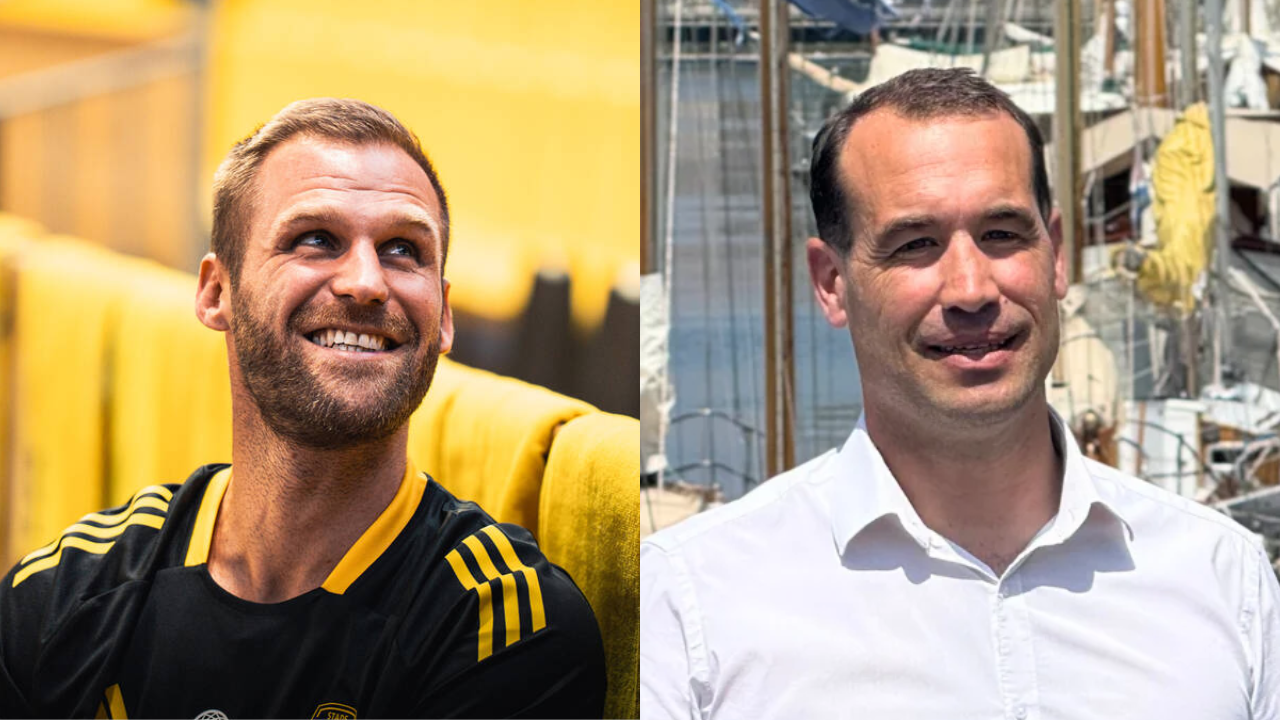 Gaëtan Clerc, le capitaine du Stade Rochelais Basket, et Thibaut Guiraud, maire de La Rochelle | Stade Rochelais / TL